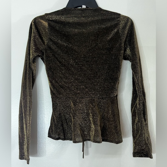 A’gaci Metallic Gold Y2K Ruched Plunge Peplum Pull Tie Cascade Top Blouse - Picture 5 of 5